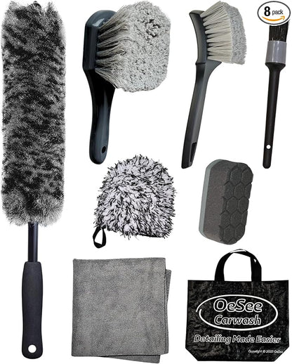 oesee 8PCS Pro Wheel Cleaning Kit - Synthetic Wool Brushes, Detailing Brush, Tire Brush, Wash Mitt, Drying Towel & Carry on Bag - Scratch-Free Rim Cleaning Kit