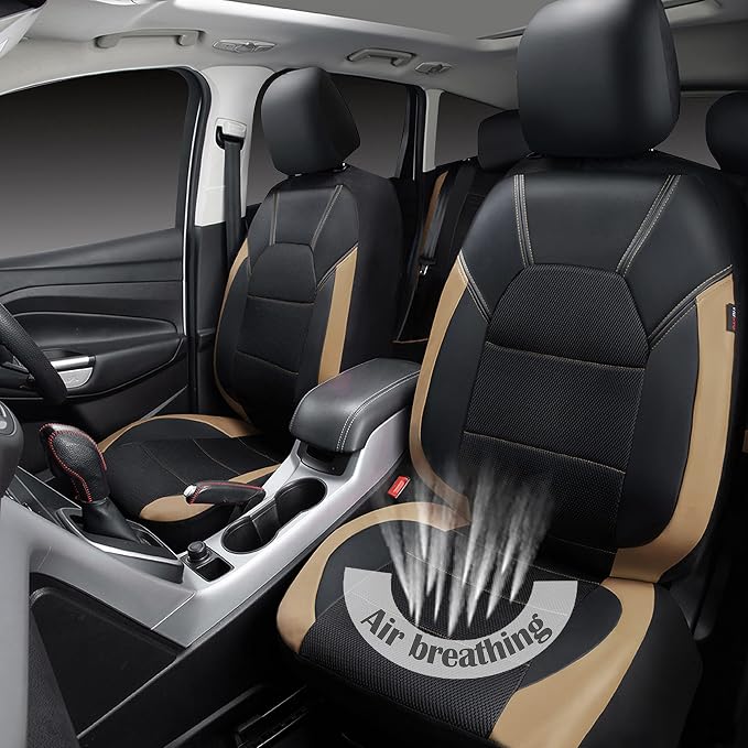 CAR PASS Leather seat Covers,Automotive Universal Sport car seat Cover Super 5mm Composite Sponge Inside,Airbag Compatible fits Most Cars, SUVs, Trucks, and Vans (Full Set,Black and Beige)