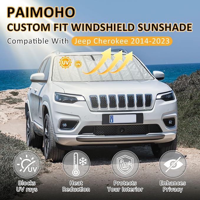 Thickened Windshield Sun Shade for Jeep Cherokee SUV 2014-2023 | Accordion Front Window Sunshade Aluminum Reflective UV Protection Shield, Foldable Sun Visor with Storage Bag Car Accessories