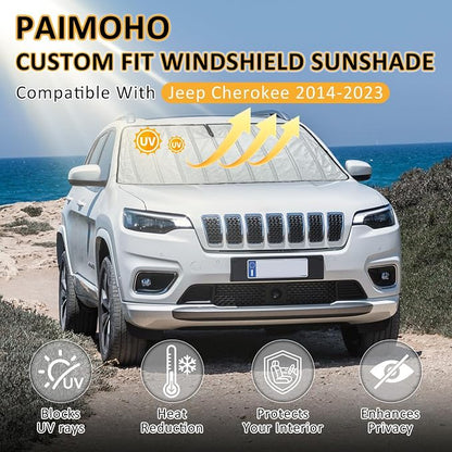 Thickened Windshield Sun Shade for Jeep Cherokee SUV 2014-2023 | Accordion Front Window Sunshade Aluminum Reflective UV Protection Shield, Foldable Sun Visor with Storage Bag Car Accessories