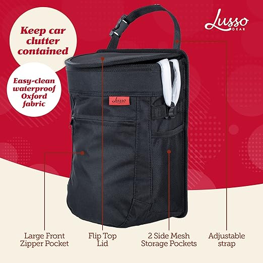 Lusso Gear Car Trash Can - 2.5-Gallon, Black, Round - Leak-Proof & Spill-Proof Lid & Waterproof Removable Liner - Hanging Car Trash Bin & Organizer for SUV, Truck & Minivan