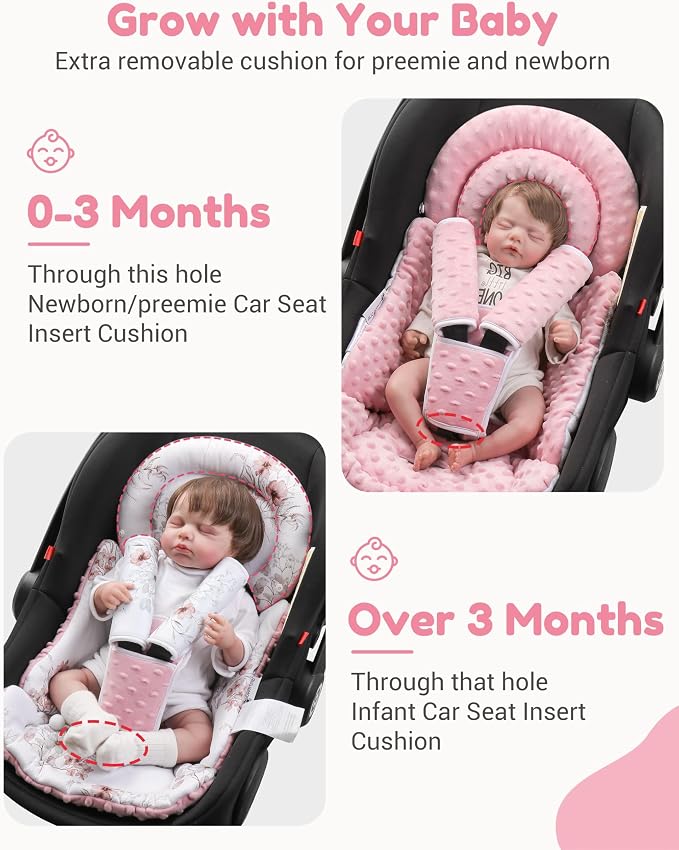 BOMOLOUR Infant Car Seat Insert with Removable Cushion for Baby Preemie Newborn Infant, Reversible carseat Insert Head Body Support Fits for Stroller, Baby Swing, Rocker, Bouncer, Bassinet - Pink