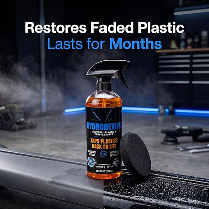 HydroRevive Instant Plastic Restorer | Bring Darker Plastic, Rubber, and Vinyl Back to Life! | User Friendly Exterior Trim Restorer | Safe Auto Detailing Supplies | 16.9 Oz Kit with Foam Applicator