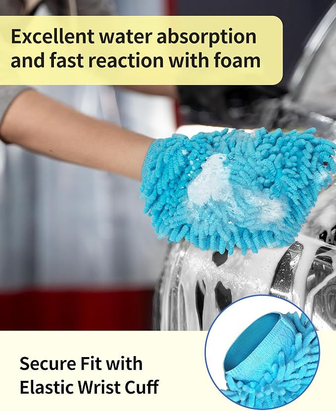 MR.SIGA Premium Microfiber Soft Chenille Car Wash Mitt, Pack of 2, Blue & Yellow