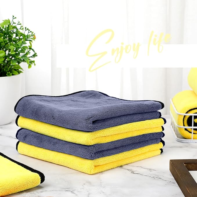 Tallew 12 Pcs Microfiber Towels for Cars, 800 GSM Plush Drying Cleaning Cloth Bulk, 16 x 16 Inch Thick Absorbent Wash Detailing Towels for Car Polishing, House, Kitchen Cleaning(Yellow and Gray)