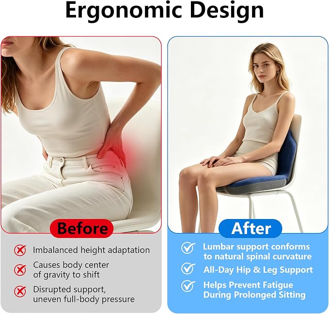 Memory Foam Truck Seat Cushion & Lumbar Support Set – Ergonomic U-Shape Tailbone Relief + L-Shape Back Cushion for Long-Haul Semi/Pickup Drivers Breathathable Cover Non-Slip Bottom Dark Blue