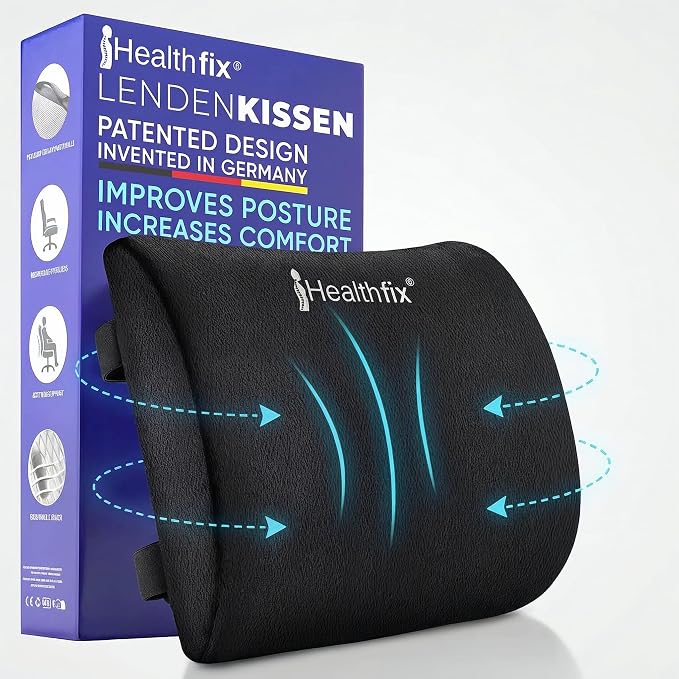 Healthfix® Ergonomic Lumbar Support Pillow – Expertly Designed in Germany – Improves Posture & Relieves Back Pain – Memory Foam Back Cushion for Office Chair & Couch - Soft (99–150 lbs)