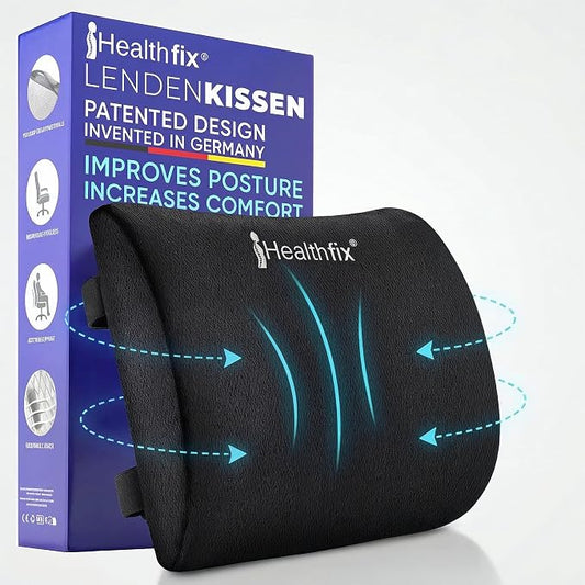 Healthfix® Ergonomic Lumbar Support Pillow – Expertly Designed in Germany – Improves Posture & Relieves Back Pain – Memory Foam Back Cushion for Office Chair & Couch - Soft (99–150 lbs)