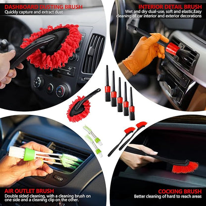 35Pcs Car Detailing Kit & Car Cleaning Kit – Windshield Tool, Long Wheel Brush & 2 Angled Brushes, 4 Polishing Pads & 4 Wax Pads – Red Tool Box – Gift for Men (B：35PCS-R)