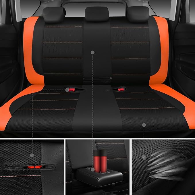 CAR PASS Leather Seat Covers, Breathable Universal Car Seat Cover Full Set for Cute Women Girly,5mm Composite Sponge Inside,Airbag Compatible Fits Most Auto,SUVs,Trucks,Vans(Full Set,Black&Orange)
