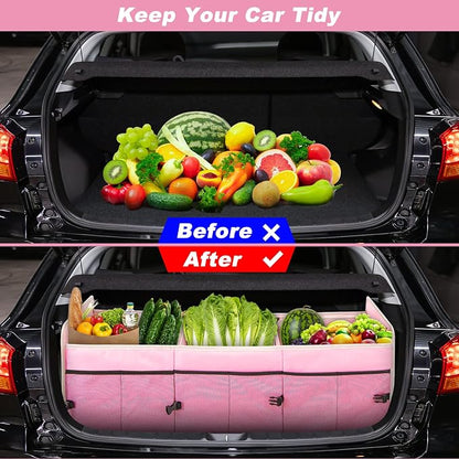 Car Trunk Organizer with Individual Cooler Bag - 3 Compartments Trunk Organizer for Car Collapsible Car Storage Organizer for SUV (Pink)