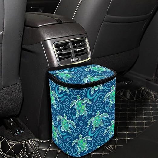 Talayituse Teal Turtle Water Print Car Trash Bin, Large Size Auto Trash Can Adjustable Portable Garbage Can with Lid, Vehicle Hanging Bag for Headrest Front Back Seat