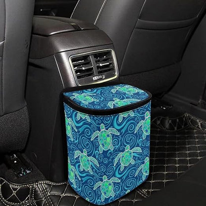Talayituse Teal Turtle Water Print Car Trash Bin, Large Size Auto Trash Can Adjustable Portable Garbage Can with Lid, Vehicle Hanging Bag for Headrest Front Back Seat