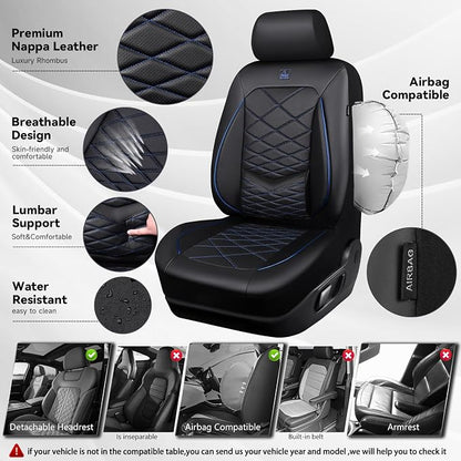 CAR PASS Luxury Nappa Leather Seat Covers Front, Water Resistant 3D Memory Foam Car Seat Covers with Lumbar Support,Thick Seat Cover Airbag Compatible Universal Fit for Sedan SUV Van Truck, Black Blue