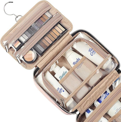 NISHEL Travel Toiletry Bag for women, Portable Hanging Organizer for Travel-Sized Shampoo, Conditioner, Brushes Set, makeup Accessories, Medium Size, Pink