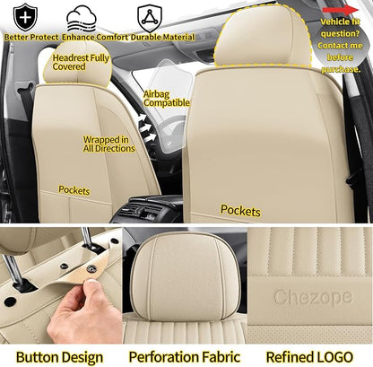 Leather Seat Covers, Beige Car Seat Covers Front Pair, Breathable Car Seat Protectors, Wear-Resistant Car Accessories, Universal Fit for Most Cars,SUVs Truck (Beige-Stripes, Front Pair)