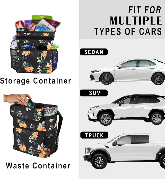 SIBOFUEGO Cute Car Trash Can with Lid – Multipurpose Collapsible Trash Bin for Car, Leak-Proof Organizer, Waterproof Garbage Can with Storage Pockets & Adjustable Straps, 2 Gallons (Flower)