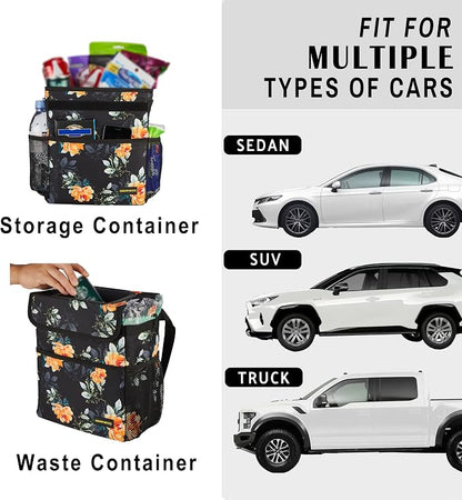SIBOFUEGO Cute Car Trash Can with Lid – Multipurpose Collapsible Trash Bin for Car, Leak-Proof Organizer, Waterproof Garbage Can with Storage Pockets & Adjustable Straps, 2 Gallons (Flower)