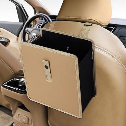 KMMOTORS Jopps Premium Car Trash Can – Foldable Bin with Strap, PU Leather & Oxford, Waterproof, Space-Saving, Simple Modern Design, Mounts on Headrest, Console, Gear Shift (Large, Beige)