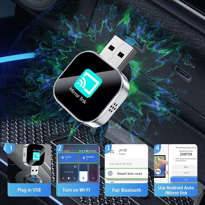 YOUKOYI Wireless Android Auto/Mirror Link Adapter, Not Compatible with iPhone, Instant Wired to Wireless Conversion, Plug & Play, Mini Stable Design