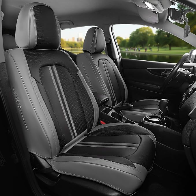 FREESOO Car Seat Covers Full Set, Black Gray Waterproof Car Seat Cover, Leather Seat Covers for Trucks, Luxury Car Seat Covers Front Seats and Auto Back, Car Seat Protector Cushion for Most SUV Cars