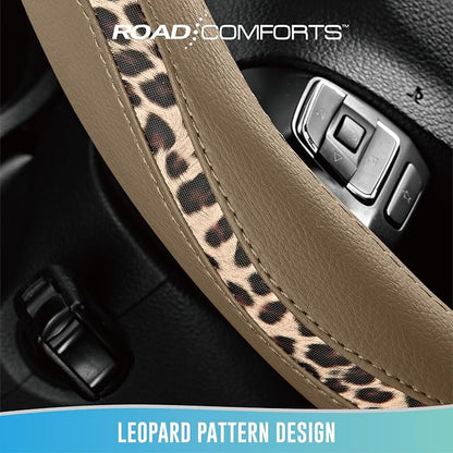 Road Comforts Steering Wheel Cover - Made with PVC Leather and Leopard Fabric - Universal 14 1/2 inches to 15 inches for Most Automotive Steering Wheel - Cheetah Print -Beige