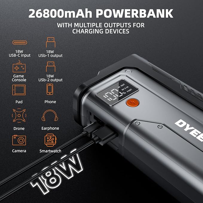 7000A Jump Starter, 12V Car Battery Booster Pack(All Gas/12.0L Diesel)，Car Starter Smart Jumper Cables with Quick Charger, Battery Jumper 26800mAh Portable Power Bank，800LM Flashlight