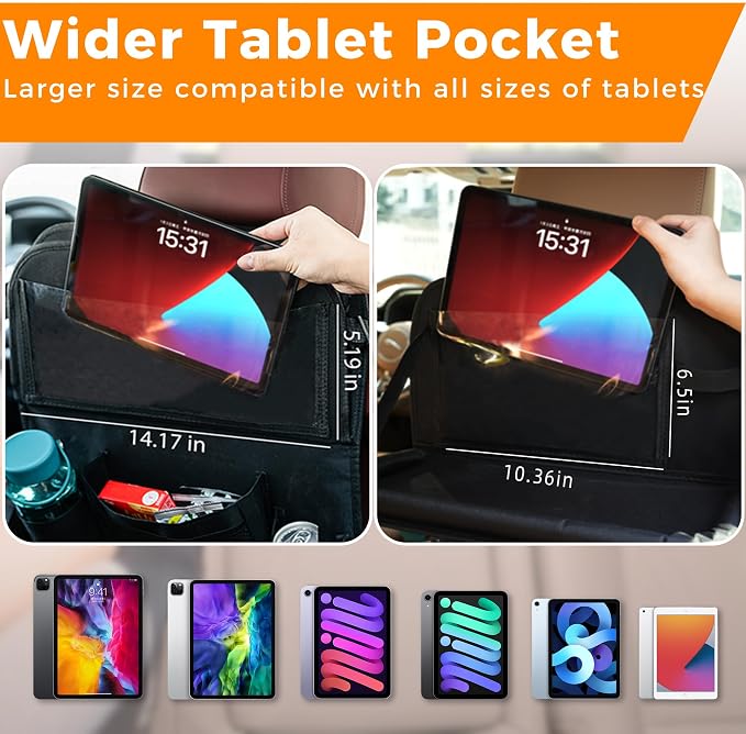 Backseat Car Organizer with Tray, 9 Storage Pockets Back Seat Protector with Foldable Tablet Holder, Waterproof Back of Seat Kick Mats for Kids Adult, Road Trip Essentials Travel 2 Pack, Black
