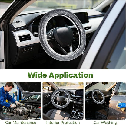 100Pcs Disposable Car Steering Wheel Covers, Universal Plastic Steering Wheel Protector with Elastic, Automotive Interior Protection Accessories for Most Vehicle Models