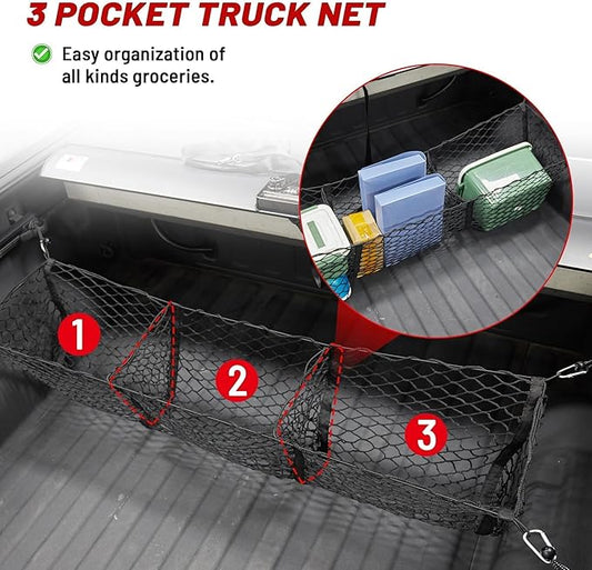 RED WOLF 3 Pocket Truck Bed Cargo Net for Toyota Ford Dodge GMC Chevy Silverado, Universal Pickup Mesh Storage Net 47.2" x 11.8" Stretchable Elastic Truck Bed Grocery Holder Net with 4 Ball Bungees