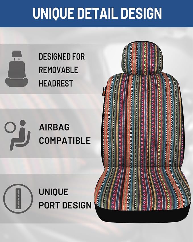 Baja Saddle Blanket Car Seat Covers Front Set, Washable Breathable Striped Woven Cloth Seat Covers for Cars, SUV, Truck, Airbag Compatible(Orange)