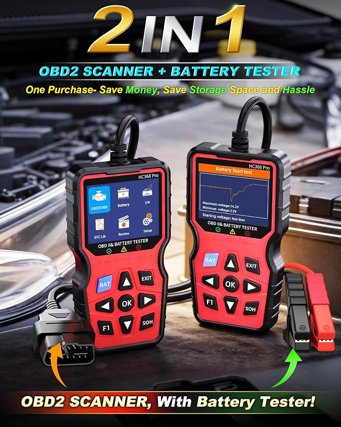 Easy to Use OBD2 Scanner with Battery Tester: 2-in-1 1S Read & Clear Check Engine Codes + Test Battery in Mins - DIY Car Diagnostic Tool with Cold Cranking Amps for Pre-Trip Safety on 1996+ Vehicles
