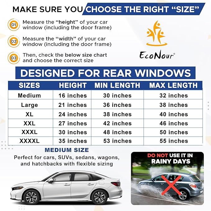 EcoNour Car Window Screens for Camping (Pack of 2) | 100% Protection from Bugs, UV and Mosquito Net | Breathable Mesh Baby Window Covers for Privacy Blackout (Medium 16"x30") | Car Window Accessories