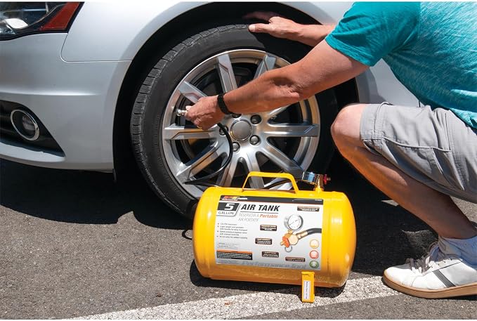 Performance Tool W10005 Hi-viz 5-Gallon Horizontal Portable Air Tank With Tire Air Chuck , Yellow