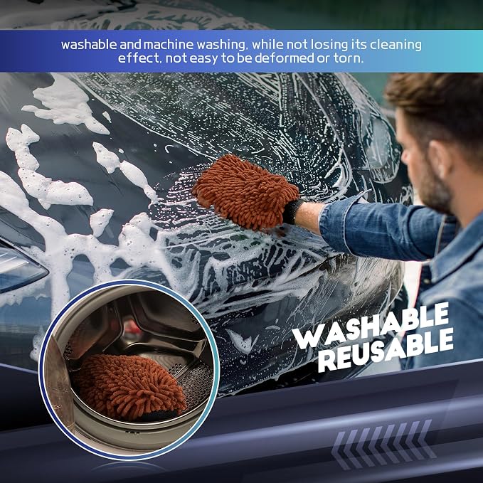wuyaoyao 2PCS Car Wash Mitt, 10.14"×7.12" Chenille Microfiber Car Wash Mitts, Scratch-Free & Lint-Free, Absorbent Double Sided Clean Glove for Cars Cleaning, Auto Cleaning Supplies (Brown)