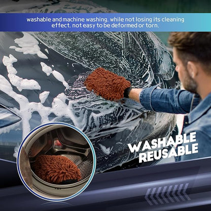 wuyaoyao 2PCS Car Wash Mitt, 10.14"×7.12" Chenille Microfiber Car Wash Mitts, Scratch-Free & Lint-Free, Absorbent Double Sided Clean Glove for Cars Cleaning, Auto Cleaning Supplies (Brown)