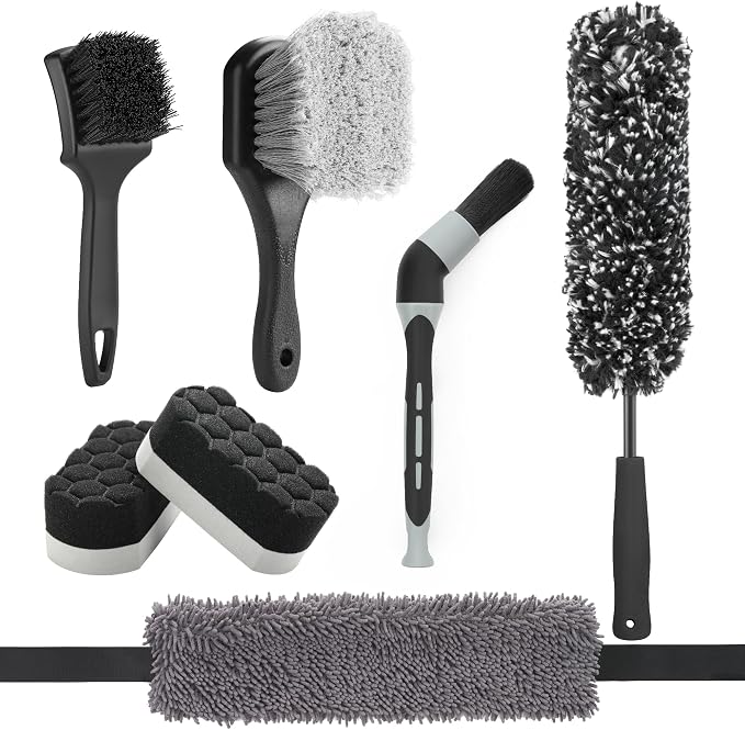 Fantasticlean 7PCS Car Wheel Brush Kit for Car Owners Detailers, Soft-bristled Brush, Tire brush for Car Detailing, Rim Cleaning Tape, Bendable & Curved Brushes and Pads for Home Shop, Cars Trucks RVs