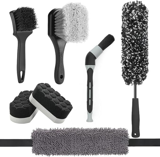 Fantasticlean 7PCS Car Wheel Brush Kit for Car Owners Detailers, Soft-bristled Brush, Tire brush for Car Detailing, Rim Cleaning Tape, Bendable & Curved Brushes and Pads for Home Shop, Cars Trucks RVs
