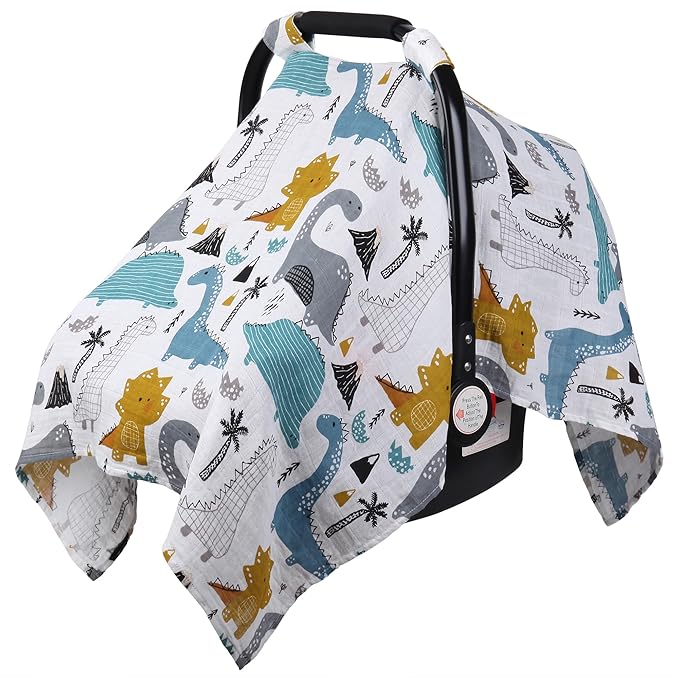 Rquite Baby Boy Car Seat Cover, 100% Muslin Cotton Infant Carseat Canopy, Soft Breathable Stroller Sun Shade & Newborn Shower Gift, Large Size Universal Fit Summer, Hot & Warm Weather (Blue Dinosaur)