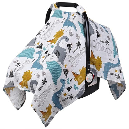 Rquite Baby Boy Car Seat Cover, 100% Muslin Cotton Infant Carseat Canopy, Soft Breathable Stroller Sun Shade & Newborn Shower Gift, Large Size Universal Fit Summer, Hot & Warm Weather (Blue Dinosaur)