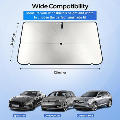 EcoNour Umbrella Windshields Sun Shade for Car | Foldable Umbrella Sun Shield | UV & Heat Protection for Front Window Shade with Storage Pouch | Fits Coupe, Sedan & Hatchbacks | Small 52"x31"