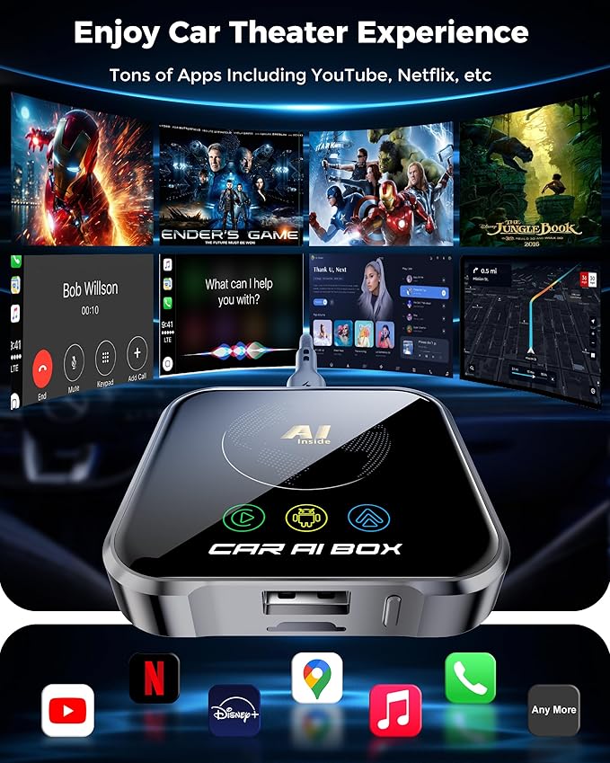Magic AI Box Wireless CarPlay Adapter, Fast Car Video Box Plug & Play, Easy Setup, Supports Netflix/YouTube/TF Card Streaming Equalizers and More for OEM Wired CarPlay/Android Auto Cars (Glossy Black)