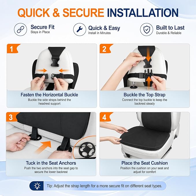 2 Piece Car Seat Cushion Set: 3-in-1 Memory Foam Driver Seat Cushion, Integrated Lumbar Support with Headrest Pillow for Pain Relief, Back Support with Neck Pillow for Car, Truck, SUV - Black