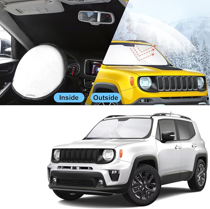 TINGLU Sun Shade for Jeep Renegade 2015-2024 Accessories Windshield Sun Shade Window Shade UV Rays Protection Sun Visor Cover with Steering Wheel Sunshade Storage Bag