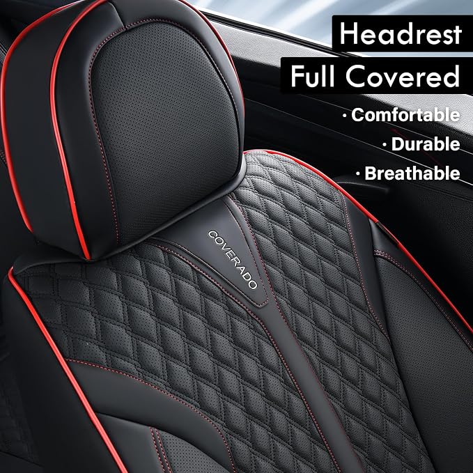 Coverado Car Seat Covers Full Set, Nappa Leather Seat Covers for Cars, Waterproof Front Seat Covers and Back Seat Covers, Car Seat Protector, Car Seat Cover Universal Fit for Most Cars, Black&Red