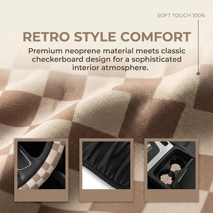 Checkered Brown Steering Wheel Cover 14-15 Inch with 2 Pcs Car Coasters | Universal Anti-Slip Breathable Suitable Men Women Checkered Car Wheel Cover Accessories