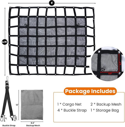 Heavy Duty Cargo Net, 4.75 x 6 ft Truck Bed Cargo Net, Cargo Carrier for Trailer Jeep SUV UTV Rack Bed Rail Boat Pickup Bed, 4 Straps with Carabiner Clips & J-Hook (57 x 72 inches)