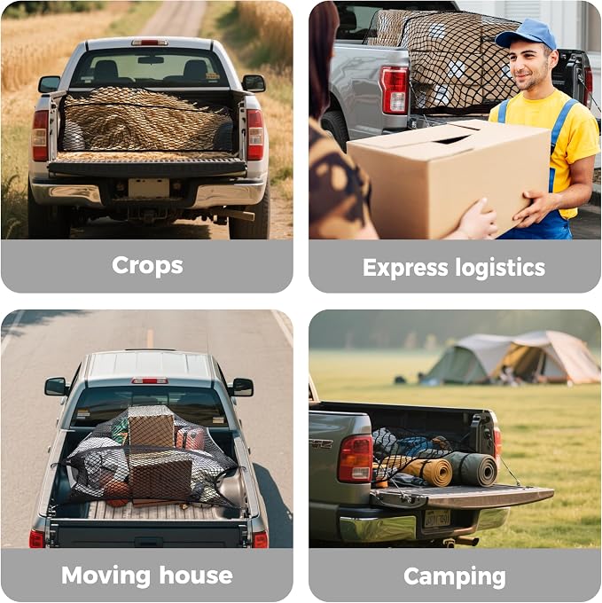 Stretchable Cargo Net(4'x4' Stretches to 8'x8') - Adjustable Elastic Trunk & Truck Bed Storage Organizer with Hook, Ideal for Securing Daily Light Loads