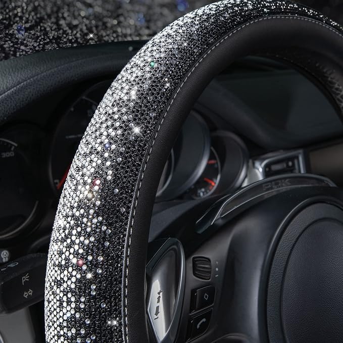 CAR PASS Bling Diamond Leather Steering Wheel Cover, Bling Sparkly Crystal Glitter Rhinestones Universal Fit 14" 1/2-15" Car Wheel Protector for Women Girl Fit Suvs,Vans,Sedans,Trucks, Black Silver
