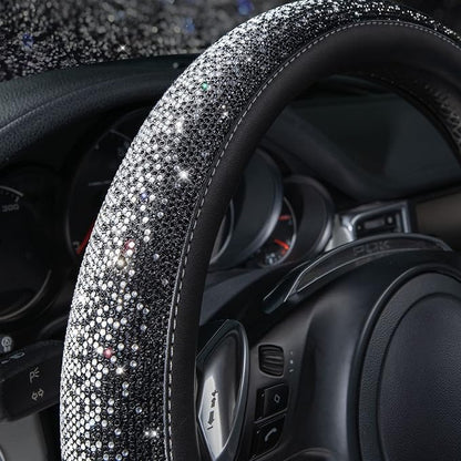 CAR PASS Bling Diamond Leather Steering Wheel Cover, Bling Sparkly Crystal Glitter Rhinestones Universal Fit 14" 1/2-15" Car Wheel Protector for Women Girl Fit Suvs,Vans,Sedans,Trucks, Black Silver